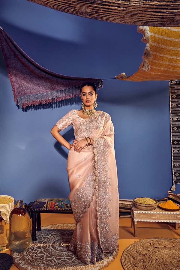 Banarasee Handwoven Contrast Border Pastel Color Saree With Self Weavi