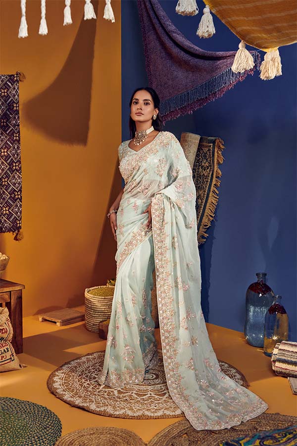 Ice Blue Satin Chiffon Saree Set – Studio East6