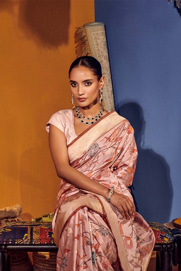 Light Green and Pink Designer Silk Banarasi Saree | Celebratebigday.com